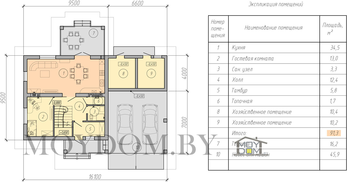 план первого этажа двухэтажного дома с гаражом на две машины проекта 95-06